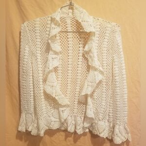 Hand crochet cream-colored, open-front boho/bohemian- style cardigan sweater